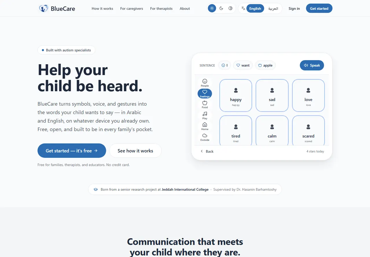 BlueCare bilingual AAC product interface